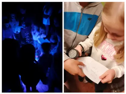 Kolaż dwóch zdjęć. Na jednym dzieci w ciemności świecą latarką rozwiązując zadania. Na drugim dziewczynka