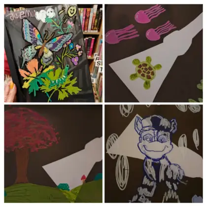 Kolaż zdjęć prac plastycznych dzieci.