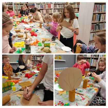Kolaż z trzech zdjęć przedstawiających dzieci podczas tworzenia jesiennych prac plastycznych