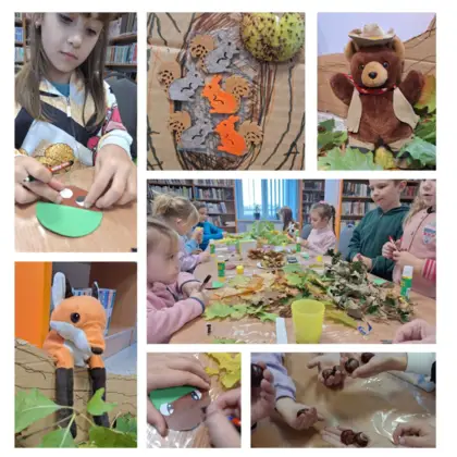 Mozaika zdjęć z maskotką lisem, maskotką niedźwiadkiem w kapeluszu i kamizelce, z dziewczynką naklejającą oczy papierowemu kasztanowi, z filcowymi wiewiórkami w dziupli, z dziećmi przy stole pełnym kasztanów i kolorowych liści.