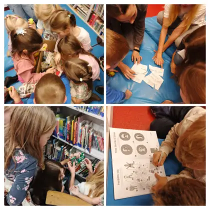 Kolaż zdjęć dzieci wykonujących detektywistyczne zadanie.