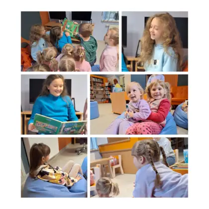 Mozaika zdjęć z uśmiechniętymi dziećmi, siedzącymi na pufach i czytającymi książki.