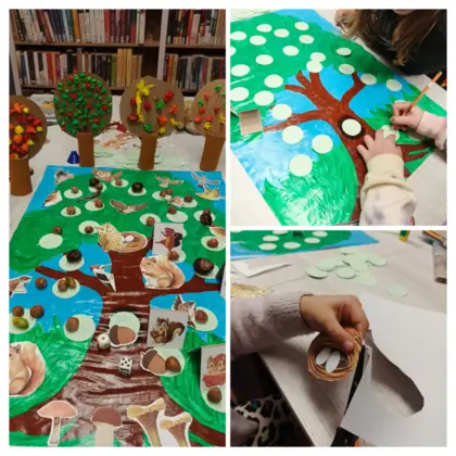 Kolaż z trzech zdjęć pokazujący drzewa i grę planszową.