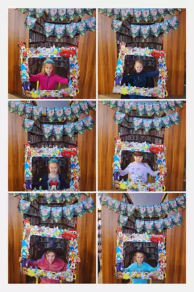 Kolaż zdjęć. Dzieci w bajkowej fotobudce.