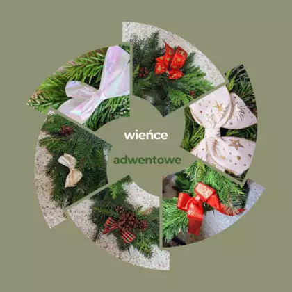 Kolaż zdjęć w kształcie wieńca, przedstawiający wieńce adwentowe zrobione przez uczestników warsztatów.