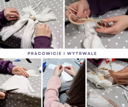 Kolaż zdjeć, przedstawiający proces tworzenia aniołków z makeamy.