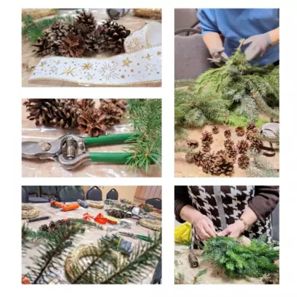 Kolaż zdjęć. Akcesoria wykorzystane do zrobienia wieńca.