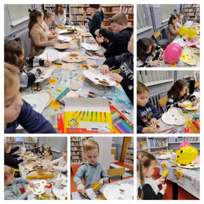 Kolaż zdjęć. Dzieci tworzą misiowe maski z papierowych talerzyków.