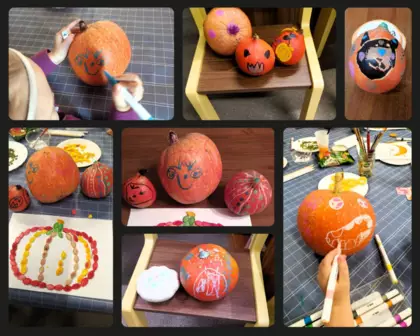 Kolaż zdjęć, który przedstawia dyniowe prace uczestników zajęć.