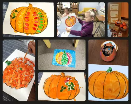 Kolaż zdjęć, który przedstawia dyniowe prace uczestników zajęć.
