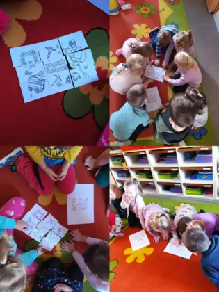 Kolaż zdjęć z zajęć w bibliotece w Gwoździanach.