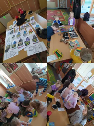 Kolaż zdjęć z zajęć w bibliotece.