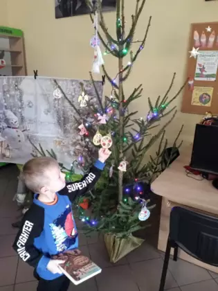 chłopczyk ogląda zawieszone ozdoby na choince