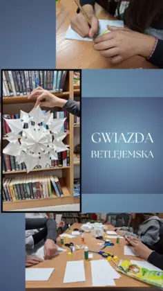 Kolaż zdjęć. Uczestnicy zajęć, tworzą gwiazdkę z papierowych torebek.
