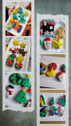 Mozaika ze zdjęciami kolorowych ozdób na choinkę.